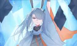 Rule 34 | 1girl, absurdres, animal ear fluff, animal ears, arknights, arm up, black shirt, blue background, bright pupils, cape, casting spell, commentary, felsushi2, frostnova (arknights), grey eyes, grey hair, hair ornament, hair over one eye, hairclip, highres, ice, long hair, looking at viewer, magic, mixed-language commentary, parted lips, rabbit ears, rabbit girl, scar, scar on face, scar on nose, shirt, simple background, solo, upper body, white cape, white pupils