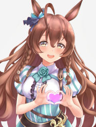 Rule 34 | 1girl, :d, ahoge, animal ears, bad id, bad pixiv id, blue flower, blue rose, blush, braid, breasts, brown eyes, brown hair, center frills, collared shirt, commentary, flower, frills, gatchapowa, grey background, hair between eyes, hands up, heart, heart hands, highres, horse ears, long hair, looking at viewer, medium breasts, mejiro bright (umamusume), moe moe kyun!, open mouth, puffy short sleeves, puffy sleeves, rose, shirt, short sleeves, side braids, simple background, smile, solo, striped, twin braids, umamusume, vertical stripes, very long hair, white shirt