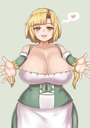Rule 34 | 1girl, :d, apron, areola slip, bare shoulders, blonde hair, blush, breasts, cleavage, collarbone, commentary, curvy, detached sleeves, dirndl, german clothes, heart, highres, huge breasts, incoming hug, kikimora (monster girl encyclopedia), looking at viewer, monster girl encyclopedia, nav (itsnav), open mouth, orange eyes, outstretched arms, parted bangs, short hair, shortstack, simple background, smile, solo, spoken heart, upper body, waist apron, wide hips