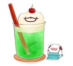Rule 34 | 7mb yut, :p, animal focus, apron, blue apron, cherry, chibi, commentary, cup, drink, drinking glass, drinking straw, food, food focus, fruit, horns, ice, ice cream, ice cube, league of legends, no humans, open mouth, poro (league of legends), shadow, simple background, tongue, tongue out, undersized animal, white background