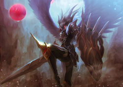 Rule 34 | 1boy, armor, demon, fantasy, feathered wings, full moon, giant, giant male, glowing, glowing eyes, highres, holding, holding shield, holding sword, holding weapon, knight, male focus, moon, original, red moon, shield, solo, sword, weapon, wings, y.m