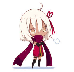 Rule 34 | 1girl, ahoge, beni shake, black gloves, black thighhighs, brown eyes, chibi, commentary request, crossed arms, dark-skinned female, dark skin, dress, elbow gloves, fate/grand order, fate (series), full body, gloves, hair between eyes, hair ribbon, koha-ace, looking at viewer, okita souji (fate), okita souji alter (fate), okita souji alter (first ascension) (fate), puff of air, red dress, red ribbon, red scarf, ribbon, scarf, shadow, silver hair, solo, standing, thigh strap, thighhighs, white background