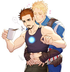 Rule 34 | !?, 2boys, arc reactor, avengers (series), bandaid, bandaid on face, bare shoulders, belt, black pants, black tank top, blonde hair, blue bodysuit, blush, bodysuit, brown belt, brown gloves, brown hair, buttons, captain america, closed eyes, closed mouth, coffee, collarbone, commentary, cup, english commentary, facial hair, fingerless gloves, ginmu, gloves, hands up, heart, holding, holding cup, hug, hug from behind, looking down, male focus, marvel, multiple boys, pants, pocket, short hair, simple background, smile, standing, steam, steve rogers, striped, tank top, tony stark, white background, yaoi, yellow eyes