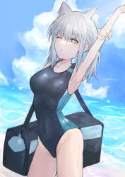 Rule 34 | 1girl, absurdres, animal ear fluff, animal ears, arm behind head, bag, beach, black one-piece swimsuit, blue archive, blue eyes, blue sky, breasts, cloud, competition swimsuit, covered navel, cross hair ornament, day, extra ears, grey hair, hair ornament, halo, highres, hirekatsu-kan, horizon, low ponytail, medium breasts, medium hair, mismatched pupils, multicolored clothes, multicolored swimsuit, ocean, official alternate costume, one-piece swimsuit, one eye closed, outdoors, shiroko (blue archive), shiroko (swimsuit) (blue archive), sky, solo, stretching, swimsuit, wolf ears