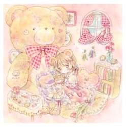 Rule 34 | 1girl, animal ears, animal print, bear ears, bear print, bob cut, book, bookshelf, bow, brown footwear, brown hair, cake, cake slice, checkerboard cookie, child, cookie, cup, curtains, day, dress, drink, english text, flower, food, frilled dress, frilled pillow, frills, hair flower, hair ornament, hair ribbon, hairpin, heart, highres, indoors, jar, light brown hair, lolita fashion, looking at viewer, oversized object, pastel colors, picture frame, pillow, pink dress, pink eyes, pink flower, pink ribbon, pink tulip, red bow, red eyes, ribbon, short hair, sitting, smile, stuffed animal, stuffed toy, suina shie, table, tablecloth, teddy bear, tulip, two-tone dress, vase, white bow, white dress, white flower, white ribbon, window, x hair ornament