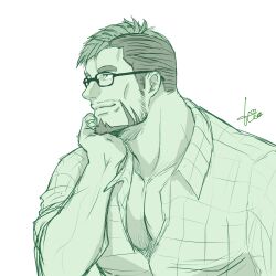 Rule 34 | 1boy, bara, black hair, collared shirt, elbow rest, facial hair, glasses, goatee, green eyes, green hair, green theme, highres, hio tksr05, live a hero, looking ahead, male focus, mature male, multicolored hair, muscular, muscular male, pectoral cleavage, pectorals, shirt, short hair, sideburns stubble, smile, solo, stubble, tadakono okitaka (live a hero), tsurime, two-tone hair, unfinished, upper body