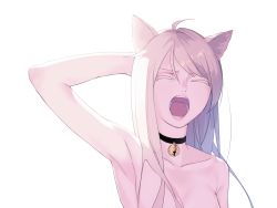 Rule 34 | 1girl, ahoge, animal ears, arm behind head, arm up, bare shoulders, bell, cat ears, choker, closed eyes, colored eyelashes, facing viewer, haruwakame, highres, jingle bell, long hair, neck bell, no bra, open mouth, original, simple background, solo, tears, teeth, white background, white hair, yawning