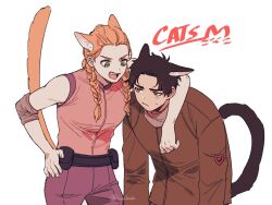 Rule 34 | 1boy, 1girl, animal ears, arm around neck, belt pouch, black hair, braid, brown eyes, brown jacket, cat boy, cat ears, cat girl, cat tail, commentary request, dead by daylight, fang, hair behind ear, hand on own hip, hunched over, jacket, jake park, kemonomimi mode, korean commentary, low twin braids, meg thomas, orange hair, pink vest, pouch, sweatdrop, tail, tongchock, twin braids, twitter username, vest