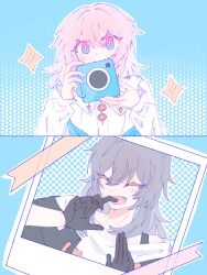 Rule 34 | 2girls, black coat, black gloves, blue background, blue eyes, blush, buttons, camera, checkered background, chinese commentary, coat, commentary request, dress shirt, gloves, gradient eyes, grey hair, highres, holding, holding camera, honkai: star rail, honkai (series), jiumantinghai, long sleeves, march 7th (honkai: star rail), medium hair, multicolored eyes, multiple girls, photo (object), pink eyes, pink hair, polka dot, polka dot background, portrait, shirt, stelle (honkai: star rail), trailblazer (honkai: star rail), two-tone eyes, white shirt