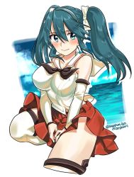 Rule 34 | 1girl, aqua eyes, bare shoulders, between legs, black neckerchief, blue eyes, blue hair, closed mouth, cloud, commentary, detached sleeves, hair between eyes, hair ribbon, hairband, hand between legs, headband, isuzu (kancolle), isuzu kai ni (kancolle), japanese clothes, kantai collection, long hair, looking at viewer, miko, neckerchief, ocean, pleated skirt, red skirt, ribbon, sagamiso, sailor collar, school uniform, serafuku, skirt, sky, smile, solo, twintails, twitter username, water, white background, white legwear, white ribbon, white sailor collar