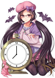 Rule 34 | 1girl, bat (animal), black hair, black pantyhose, blush, bow, brown-framed eyewear, brown eyes, closed mouth, fate/grand order, fate (series), hat, heroic spirit traveling outfit, highres, jewelry, long hair, looking at viewer, low twintails, mob cap, necklace, origami, osakabehime (fate), osakabehime (traveling outfit) (fate), pajamas, pantyhose, pom pom (clothes), purple bow, smile, solo, twintails, very long hair, watch, youshuu