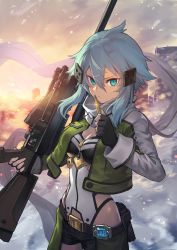 Rule 34 | 1girl, anti-materiel rifle, aqua eyes, belt, black shorts, blue hair, bolt action, breasts, building, bullet, closed mouth, cloud, cloudy sky, duplicate, fingerless gloves, gloves, gun, hair between eyes, hair ornament, hairclip, highres, holding, holding bullet, holding gun, holding weapon, medium breasts, nakamura eight, pgm hecate ii, rifle, scarf, short hair, short hair with long locks, short shorts, shorts, sinon, sky, sniper rifle, solo, standing, sword art online, weapon