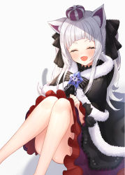 Rule 34 | 1girl, :d, ^ ^, absurdres, animal ear fluff, animal ears, black cape, black dress, blunt bangs, blush, cape, cat ears, cat tail, closed eyes, dress, facing viewer, frilled ribbon, frills, fur-trimmed cape, fur trim, grey hair, hair ribbon, highres, hololive, honome sui, long hair, murasaki shion, murasaki shion (gothic lolita), open mouth, ribbon, short eyebrows, sidelocks, sitting, smile, solo, tail, twintails, virtual youtuber