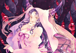 Rule 34 | 1girl, bare shoulders, breasts, brown eyes, dark background, detached sleeves, facial mark, fate/grand order, fate (series), finger to mouth, forehead mark, horns, large breasts, licking lips, long hair, long sleeves, looking at viewer, orb, pink ribbon, purple hair, ribbon, sessyoin kiara, solo, tattoo, tongue, tongue out, upper body, veil, very long hair, wavy hair, yue natsuki