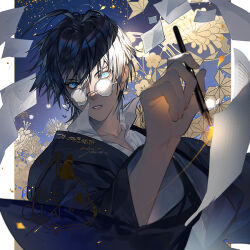Rule 34 | 1boy, antenna hair, bishounen, black hair, blue background, blue eyes, blue jacket, blue sleeves, chinese commentary, collarbone, collared shirt, commentary request, commission, embers, floral background, glasses, graph paper, hair between eyes, haori, high collar, holding, holding pen, ichi yasushi, jacket, japanese clothes, koshotengai no hashihime, lips, long sleeves, male focus, outside border, parted lips, pen, pillarboxed, round eyewear, shirt, short hair, simple background, solo, tamamori (koshotengai no hashihime), upper body, white-framed eyewear, white shirt, wide sleeves