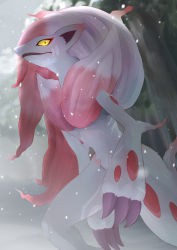 Rule 34 | bad id, bad pixiv id, claws, commentary request, creatures (company), day, fang, furry, game freak, grey fur, haura (sardyne 1), highres, hisuian zoroark, nintendo, outdoors, pokemon, pokemon (creature), smile, snowing, solo, standing, yellow eyes