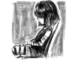Rule 34 | 1girl, black hair, chair, detached sleeves, feet out of frame, from side, greyscale, hair over eyes, jcm2, lucy loud, monochrome, nickelodeon, simple background, sitting, solo, striped legwear, striped sleeves, the loud house