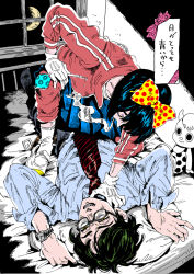 Rule 34 | 1boy, 1girl, bed, blue hair, bow, cigarette, clenched teeth, collared shirt, delinquent, from above, glasses, gloves, green hair, hair bow, hand on another&#039;s neck, holding, holding syringe, jacket, kaneoya sachiko, lying, moon, on back, original, pants, patch, pillow, pleated skirt, shirt, shoes, short hair, skirt, smoking, socks, straddling, stuffed toy, sukeban, syringe, teeth, track jacket, track pants, track suit, uwabaki, watch, window, yellow eyes