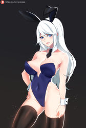 Rule 34 | 1girl, animal ears, areola slip, ashe (league of legends), black background, black necktie, black thighhighs, blue eyes, blue leotard, blush, bow, breasts, cameltoe, cleft of venus, contrapposto, covered navel, cowboy shot, detached collar, fake animal ears, hair bow, hairband, hand on own hip, large breasts, league of legends, leotard, long hair, looking at viewer, necktie, patreon logo, patreon username, playboy bunny, rabbit ears, simple background, smile, solo, standing, thighhighs, tofuubear, white hair, wrist cuffs