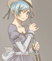 Rule 34 | 1girl, black eyes, blue hair, braid, collarbone, dress, french braid, grey background, gun, hat, highres, kageng, looking at viewer, looking to the side, musket, original, short hair, simple background, sketch, solo, upper body, weapon