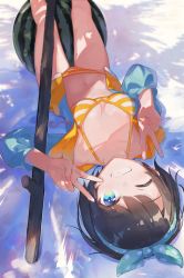Rule 34 | 1girl, beach, bikini, black hair, blue eyes, blue jacket, blush, breasts, collarbone, commentary, day, double v, feet out of frame, food, fruit, green ribbon, grin, hairband, halterneck, highres, hololive, jacket, looking at viewer, lying, medium breasts, navel, official alternate costume, on back, one eye closed, oozora subaru, oozora subaru (hololive summer 2019), open clothes, open jacket, outdoors, ribbon, shade, shadow, short hair, smile, solo, striped bikini, striped clothes, swimsuit, t6 ti, thighs, upside-down, v, virtual youtuber, watermelon, yellow bikini