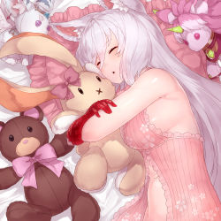 1girl, absurdres, animal ear fluff, animal ears, armpit crease, babydoll, bangs, bare arms, bare shoulders, breasts, cat ears, cat girl, cat tail, chemise, doll hug, eyelashes, eyes closed, hair between eyes, highres, king&#039;s raid, kirze, large breasts, long hair, looking at viewer, loungewear, off shoulder, on bed, parted lips, red eyes, sideboob, silver hair, sleeping, solo, stuffed animal, stuffed bunny, stuffed toy, stuffed unicorn, swept bangs, tail, teddy bear, upper body, yu mochi (kamiinu)