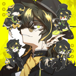 Rule 34 | 1boy, :3, arknights, black coat, black headwear, black jacket, black pants, blonde hair, brown hair, chibi, chinese clothes, chinese commentary, closed eyes, closed mouth, coat, commentary request, cup, fedora, fins, fish boy, fish tail, full body, hands in pockets, hat, head fins, highres, holding, holding cup, holding wand, hwk (ong5pxqvlfykh1i), jacket, lbk, lee (arknights), lee (trust your eyes) (arknights), looking at viewer, male focus, multicolored hair, multiple views, muzzle, official alternate costume, open mouth, outline, pants, patterned background, portrait, red-tinted eyewear, sailor collar, scarf, simple background, slit pupils, smile, streaked hair, sunglasses, tail, teacup, tinted eyewear, top hat, upper body, wand, yellow background, yellow eyes, yellow scarf