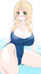 Rule 34 | 1girl, absurdres, alternate breast size, blonde hair, blush, braid, breasts, cameltoe, cleavage, cleft of venus, creatures (company), game freak, green eyes, highres, huge breasts, lillie (pokemon), long hair, looking at viewer, nintendo, pokemon, pokemon sm, school swimsuit, sitting, solo, spread legs, sumisumii, swimsuit, thick thighs, thighs, twin braids, wariza, wet