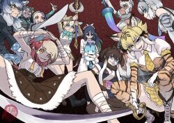 Rule 34 | 6+girls, animal ear fluff, animal ears, aqua eyes, arm up, arms up, artist logo, bandaged arm, bandages, bare shoulders, bird wings, black hair, bleach, bleach: sennen kessen-hen, blonde hair, blue eyes, blue hair, boots, bow, bowtie, carrying, cave lion (kemono friends), closed mouth, colored inner hair, commentary request, corset, derivative work, detached sleeves, dire wolf (kemono friends), elbow gloves, empty eyes, evil grin, evil smile, expressionless, extra ears, fisheye, fur collar, gastornis (kemono friends), giant penguin (kemono friends), gloves, goggles, goggles on head, green eyes, green hair, grey hair, grin, hair between eyes, hair bun, head wings, headphones, high-waist skirt, hippopotamus gorgops (kemono friends), holding, holding polearm, holding sword, holding trident, holding weapon, horns, index finger raised, jacket, kako (kemono friends), kemono friends, kishida shiki, lab coat, leaning forward, lion ears, long hair, long sleeves, looking at viewer, lucky beast (kemono friends), mammoth (kemono friends), multicolored hair, multiple girls, necktie, open mouth, outstretched arm, own hands together, paraceratherium (kemono friends), parted lips, polearm, purple hair, red bow, red bowtie, red eyes, red hair, rhinoceros ears, saber (weapon), scarf, shirt, short hair with long locks, single hair bun, sitting, sivatherium (kemono friends), skirt, sleeveless, sleeveless shirt, sleeves past fingers, sleeves past wrists, smile, smilodon (kemono friends), spear, spread legs, squatting, standing, sword, thighhighs, trident, tunic, v-shaped eyebrows, very long hair, weapon, white hair, white shirt, wings, wolf ears, yellow eyes
