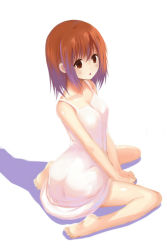 Rule 34 | 1girl, :o, bad id, bad pixiv id, bare shoulders, brown eyes, brown hair, dress, liong, original, short hair, simple background, sitting, solo, wariza, white background