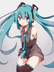 Rule 34 | 1girl, black thighhighs, blue eyes, blue hair, blush, boots, detached sleeves, embarrassed, hatsune miku, headset, long hair, looking at viewer, matching hair/eyes, necktie, sleeveless, snowmi, solo, tattoo, thigh boots, thighhighs, twintails, very long hair, vocaloid
