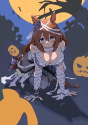 Rule 34 | 1girl, :o, absurdres, all fours, animal ears, bandaged arm, bandaged head, bandages, bare shoulders, bat (animal), black skirt, blue eyes, blush, breasts, brown hair, cleavage, different shadow, highres, horse ears, horse girl, horse tail, jack-o&#039;-lantern, large breasts, long hair, looking at viewer, open mouth, shadow, skirt, solo, super creek (chiffon ribbon mummy) (umamusume), super creek (umamusume), supodorichan, tail, tombstone, umamusume