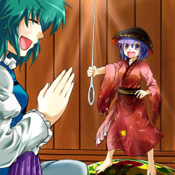 Rule 34 | 2girls, aqua hair, barefoot, bowl, bowl hat, closed eyes, commentary request, hand on own hip, hat, highres, japanese clothes, kimono, long sleeves, mini person, minigirl, multiple girls, needle, obi, open mouth, own hands together, purple hair, red eyes, sash, shinkai no shachi, short hair, size difference, sukuna shinmyoumaru, tatara kogasa, touhou, umbrella, wide sleeves