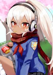 Rule 34 | 1girl, azur lane, black sailor collar, black skirt, blue shirt, blush, breasts, burger, cherry blossoms, commentary request, crossed bangs, dark-skinned female, dark skin, expressionless, facepaint, feet out of frame, food, food in mouth, french fries, hair between eyes, headphones, high ponytail, highres, houshi, long hair, long sleeves, looking at viewer, medium breasts, miniskirt, minneapolis (azur lane), minneapolis (wild huntress schoolgirl) (azur lane), neckerchief, official alternate costume, patch, plaid, plaid scarf, pleated skirt, red eyes, red neckerchief, red scarf, sailor collar, scarf, shirt, skirt, socks, solo, tree, very long hair, white hair, white socks