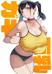 Rule 34 | 1girl, absurdres, bare shoulders, black hair, blue shorts, blush, borrowed character, breasts, camisole, cleavage, collar, collarbone, denim, denim shorts, highres, large breasts, long hair, looking at viewer, navel, original, purple eyes, revision, sasaki kanna (kaedeko), short shorts, shorts, solo, thighs, twintails, yellow camisole, yoshio (55level)