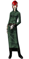 Rule 34 | 1girl, atlus, bandaged hand, bandages, blouse, boots, breasts, brown eyes, closed mouth, facing viewer, full body, gradient hair, green skirt, hair between eyes, happy, highres, kazuma kaneko, lipstick, long skirt, long sleeves, looking at viewer, makeup, medium breasts, mole, mole under eye, multicolored hair, non-web source, official art, pencil skirt, persona, persona 2, persona 2 batsu, red hair, serizawa ulala, shirt, shoes, short hair, silk, simple background, skirt, smile, solo, spider web, spider web print, standing, streaked hair, ulala, watch, white background, white hair, wristwatch