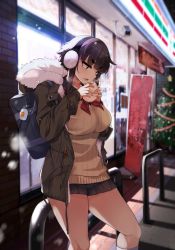Rule 34 | 1girl, absurdres, beige sweater, black hair, black skirt, breasts, brown coat, brown eyes, bun (food), christmas tree, coat, contrapposto, earmuffs, eating, feet out of frame, food, fur trim, highres, holding, holding food, jovejun, large breasts, looking down, miniskirt, neckerchief, night, open mouth, original, pleated skirt, red neckerchief, red serafuku, school uniform, serafuku, short hair with long locks, skirt, solo, standing, thick eyebrows, v-shaped eyebrows, white legwear