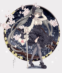 Rule 34 | 1girl, absurdly long hair, absurdres, arm up, black flower, black footwear, black hat, black rose, breasts, cane, catbell, dress, flower, full body, garter straps, gothic lolita, grey eyes, grey hair, grey thighhighs, hair flower, hair ornament, hat, high heels, highres, holding, holding cane, large breasts, lolita fashion, long hair, looking at viewer, mini hat, mini top hat, original, parted lips, rose, sky, solo, star (sky), starry sky, thighhighs, top hat, twintails, very long hair, white flower