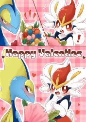 Rule 34 | !, 1boy, 1girl, animal ears, berry, blue flower, blue rose, blush, bouquet, buck teeth, candy, chin katsu, chocolate, chocolate heart, cinderace, closed mouth, comic, creatures (company), drooling, embarrassed, english text, flower, food, from behind, furry, game freak, gen 8 pokemon, half-closed eyes, hand to own mouth, hands up, heart, hetero, holding, inteleon, interspecies, leaf, looking away, looking to the side, matching hair/eyes, multiple views, nintendo, notice lines, open mouth, outline, pink background, plaid, plaid background, pokemon, pokemon (creature), pokephilia, rabbit ears, rabbit tail, red eyes, red flower, red hair, red rose, rose, saliva, short hair, shy, simple background, speech bubble, spoken exclamation mark, standing, surprised, sweat, tail, teeth, upper body, valentine, white outline, yellow eyes
