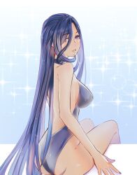 Rule 34 | 1girl, aoiabyss, ass, bare arms, bare back, bare shoulders, blue hair, breasts, clorinde (genshin impact), commentary, genshin impact, highres, large breasts, long hair, one-piece swimsuit, purple eyes, sitting, solo, swimsuit, thighs, very long hair