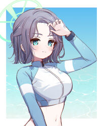 Rule 34 | 1girl, absurdres, aqua eyes, blue archive, blue shirt, blush, bodysuit, border, breasts, crop top, diving suit, forehead, green halo, halo, hand up, highres, hyakucha, large breasts, light smile, long sleeves, looking at viewer, midriff, multicolored clothes, navel, ocean, official alternate costume, purple hair, raglan sleeves, rash guard, saki (blue archive), shirt, short hair, solo, stomach, upper body, watch, wet, wet face, wet hair, wetsuit, white border, white shirt, wristwatch