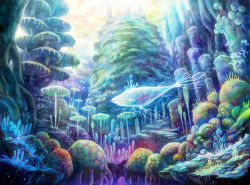 Rule 34 | commentary request, coral, coral reef, crystal, day, fantasy, fish, highres, kemi neko, no humans, original, outdoors, plant, scenery, underwater, whale