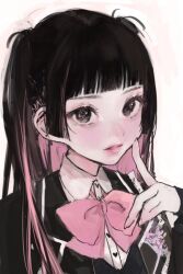 Rule 34 | 1girl, barbell piercing, black eyes, black hair, black jacket, blush, bow, bowtie, collared shirt, earrings, finger to cheek, hime cut, iq033, jacket, jewelry, long hair, looking at viewer, multicolored hair, original, parted lips, piercing, pink bow, pink bowtie, pink hair, shirt, simple background, sketch, solo, stud earrings, two-tone hair, white background