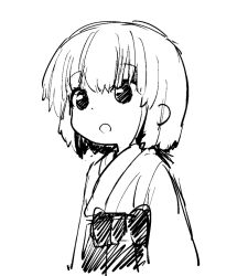 1girl :o bow commentary_request greyscale hair_between_eyes hakama japanese_clothes kimono looking_at_viewer monochrome naegi_(naegidokoro) obi open_mouth original sash short_hair simple_background sketch solo white_background