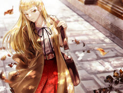 Rule 34 | 1girl, bad id, bad pixiv id, bag, black ribbon, blonde hair, brown bag, brown coat, closed mouth, coat, day, dress shirt, hair ornament, hairclip, highres, holding, holding bag, k harris, leaning to the side, long hair, looking at viewer, neck ribbon, open clothes, open coat, original, outdoors, pleated skirt, red skirt, ribbon, shirt, skirt, solo, standing, very long hair, white shirt, yellow eyes