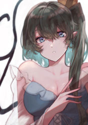 Rule 34 | 1girl, :o, absurdres, alternate costume, bare shoulders, blue dress, blue eyes, blurry, blush, bow, breasts, cleavage, collarbone, commentary request, daiyousei, dress, fairy wings, frills, green hair, hair between eyes, hair bow, highres, large breasts, looking at viewer, aged up, pointy ears, see-through, short hair, side ponytail, sleeveless, sleeveless dress, solo, takena-c, touhou, upper body, wings, yellow bow