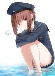 Rule 34 | 1girl, blue dress, blue hat, blue sailor collar, brown eyes, clothes writing, commentary request, dress, hat, kantai collection, kimura shiki, sailor collar, sailor dress, sailor hat, short hair, simple background, soaking feet, solo, squatting, water, white background, z3 max schultz (kancolle)