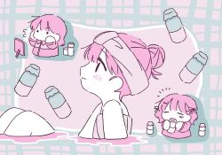Rule 34 | 1girl, bathing, bottle, commentary request, from side, fukumaru koito, hair bun, highres, idolmaster, idolmaster shiny colors, long hair, milk bottle, naked towel, partially submerged, short hair, single hair bun, solo, towel, towel on head, twintails, user ymgu8272, water