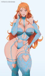 Rule 34 | 1girl, araneesama, bare shoulders, blue bra, blue gloves, blue panties, blue thighhighs, blush, bra, breasts, cleavage, clothing cutout, elbow gloves, gloves, heart cutout, highres, large breasts, lingerie, long hair, looking at viewer, nami (one piece), one piece, open mouth, orange eyes, orange hair, panties, shoulder tattoo, sidelocks, solo, tattoo, thighhighs, thighs, underwear, wide hips