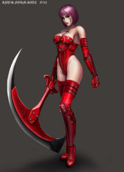 Rule 34 | 1girl, arm guards, armor, axe, bondage outfit, boots, breastplate, elbow gloves, gloves, guillotina, high heels, holding, holding weapon, knee pads, leather, leotard, long hair, looking at viewer, pickaxe, pink hair, red armor, red footwear, red gloves, red leotard, red thighhighs, ryu (ryu&#039;s form site), scythe, shin guards, shoes, solo, tattoo, thighhighs, weapon
